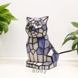Tiffany Style Blue White Cat Stained Glass Table Lamp Animal Accent Home Decor