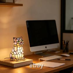 Tiffany Style Blue White Cat Stained Glass Table Lamp Animal Accent Home Decor