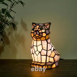 Tiffany Style Blue White Cat Stained Glass Table Lamp Animal Accent Home Decor