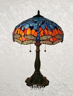 Tiffany Style Blue and Red Handcrafted Glass Dragonfly Table Lamp Shade 16