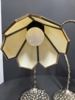 Tiffany Style Bronze Goose Neck Stained Glass Table Desk Lamp Set Of 2 Grapes