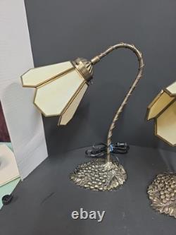 Tiffany Style Bronze Goose Neck Stained Glass Table Desk Lamp Set Of 2 Grapes