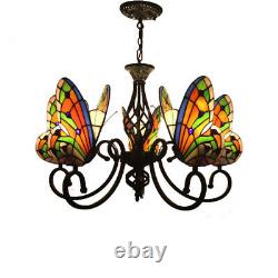 Tiffany Style Butterfly Stained Glass Shade Chandelier Wrought Iron Pendant Lamp