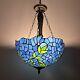 Tiffany Style Chandelier Lighting Blue Stained Glass Green Leaves Led Bulbs 60h