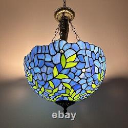 Tiffany Style Chandelier Lighting Blue Stained Glass Green Leaves LED Bulbs 60H