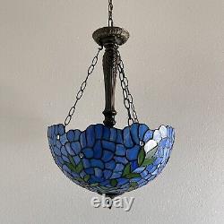 Tiffany Style Chandelier Lighting Blue Stained Glass Green Leaves LED Bulbs 60H