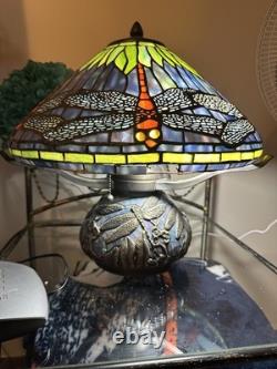 Tiffany Style Deep Blue Dragonfly Stained Glass Table Lamp Elegant Mosaic Base