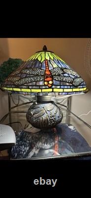 Tiffany Style Deep Blue Dragonfly Stained Glass Table Lamp Elegant Mosaic Base