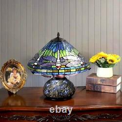 Tiffany Style Deep Blue Dragonfly Stained Glass Table Lamp Elegant Mosaic Base