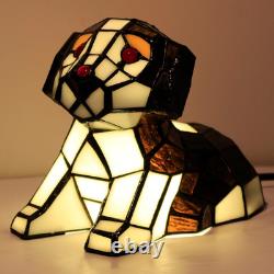 Tiffany Style Dog Stained Glass Table LED Lamp Brown White Puppy Accent Light