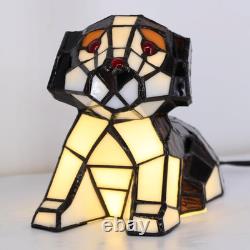 Tiffany Style Dog Stained Glass Table LED Lamp Brown White Puppy Accent Light