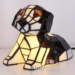 Tiffany Style Dog Stained Glass Table LED Lamp Brown White Puppy Accent Light