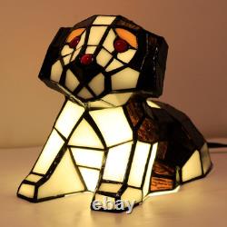 Tiffany Style Dog Stained Glass Table LED Lamp Brown White Puppy Accent Light