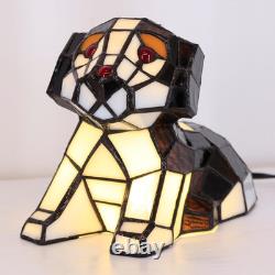 Tiffany Style Dog Stained Glass Table LED Lamp Brown White Puppy Accent Light