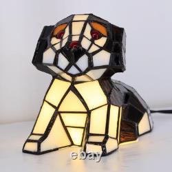 Tiffany Style Dog Stained Glass Table LED Lamp Brown White Puppy Accent Light