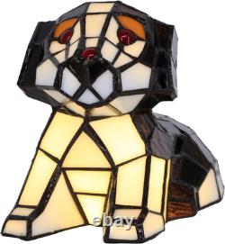 Tiffany Style Dog Stained Glass Table LED Lamp Brown White Puppy Accent Light