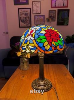 Tiffany-Style Domed Stained Glass Rose Lamp 14 Tall, Brand New