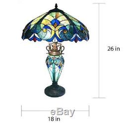 Tiffany Style Double Lit 2+1 Light Stained Art Glass Antique Table Shade Lamp