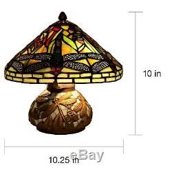 Tiffany Style Dragonfly Reading Accent Stained Glass Table Lamp Mosaic Base 10in