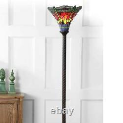 Tiffany Style Dragonfly Stained Glass 71in Torchiere LED Floor Lamp Bronze Fin