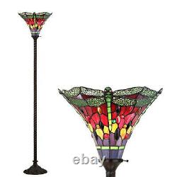 Tiffany Style Dragonfly Stained Glass 71in Torchiere LED Floor Lamp Bronze Fin