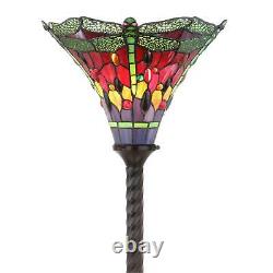 Tiffany Style Dragonfly Stained Glass 71in Torchiere LED Floor Lamp Bronze Fin