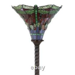 Tiffany Style Dragonfly Stained Glass 71in Torchiere LED Floor Lamp Bronze Fin