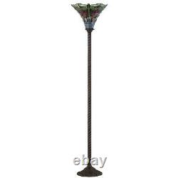 Tiffany Style Dragonfly Stained Glass 71in Torchiere LED Floor Lamp Bronze Fin