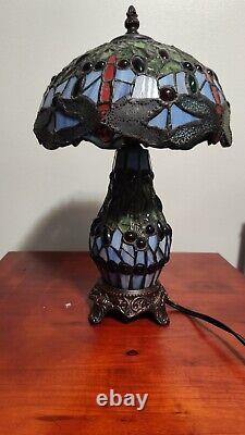 Tiffany-Style Dragonfly Stained Glass Lamp Art Nouveau Illuminated Base Vintage