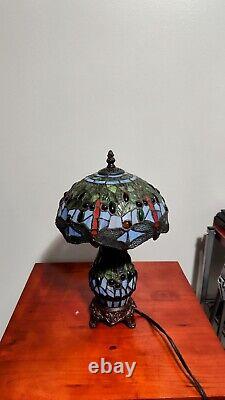 Tiffany-Style Dragonfly Stained Glass Lamp Art Nouveau Illuminated Base Vintage