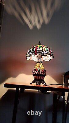 Tiffany-Style Dragonfly Stained Glass Lamp Art Nouveau Illuminated Base Vintage