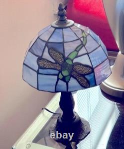 Tiffany-Style Dragonfly Stained Glass Lamp Art Nouveau Look Cast Metal Base
