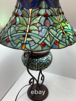 Tiffany-Style Dragonfly Stained Glass Table Lamp with Mosaic Base & Jewel Accents