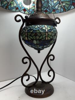 Tiffany-Style Dragonfly Stained Glass Table Lamp with Mosaic Base & Jewel Accents