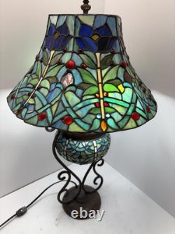 Tiffany-Style Dragonfly Stained Glass Table Lamp with Mosaic Base & Jewel Accents