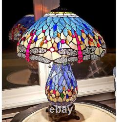 Tiffany Style Dragonfly Victorian Reading Table Lamp Vibrant Blue with Lit Base