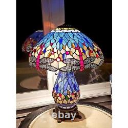 Tiffany Style Dragonfly Victorian Reading Table Lamp Vibrant Blue with Lit Base