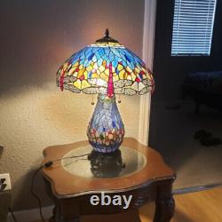 Tiffany Style Dragonfly Victorian Reading Table Lamp Vibrant Blue with Lit Base