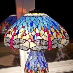Tiffany Style Dragonfly Victorian Reading Table Lamp Vibrant Blue with Lit Base