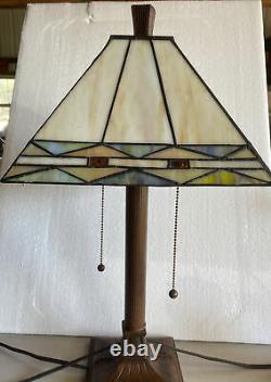 Tiffany Style Dual Light Mission Accent Table Lamp 21.5 Art Deco Stained Glass
