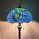 Tiffany Style Floor Lamp Blue Stained Glass Green Leaves Led Bulbs Included H64
