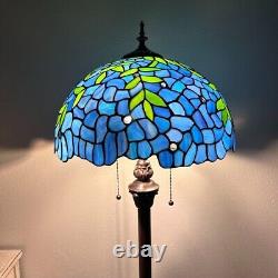 Tiffany Style Floor Lamp Blue Stained Glass Green Leaves LED Bulbs Included H64
