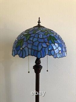 Tiffany Style Floor Lamp Blue Stained Glass Green Leaves LED Bulbs Included H64