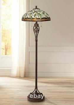 Tiffany Style Floor Lamp Bronze Stained Glass Leaf Pattern For Living Room Light