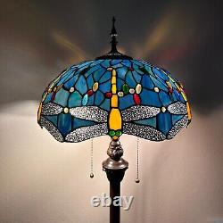 Tiffany Style Floor Lamp Dragonfly Blue Stained Glass LED Bulbs Included H64W16