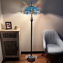 Tiffany Style Floor Lamp Dragonfly Blue Stained Glass LED Bulbs Included H64W16