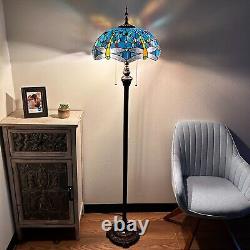 Tiffany Style Floor Lamp Dragonfly Blue Stained Glass LED Bulbs Included H64W16