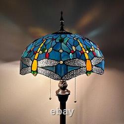 Tiffany Style Floor Lamp Dragonfly Blue Stained Glass LED Bulbs Included H64W16