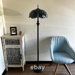 Tiffany Style Floor Lamp Dragonfly Blue Stained Glass LED Bulbs Included H64W16