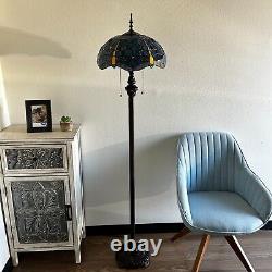 Tiffany Style Floor Lamp Dragonfly Blue Stained Glass LED Bulbs Included H64W16
